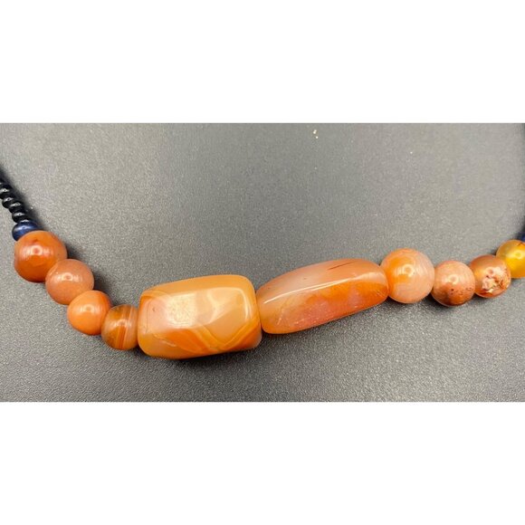 Vintage Carnelian Black Glass Beaded Necklace Orange Agate Stones Boho Unisex 21 - Picture 3 of 7